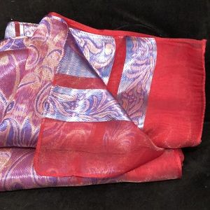 🎈3 for $30! Sheer red and silver shawl wrap with blue and gold threads